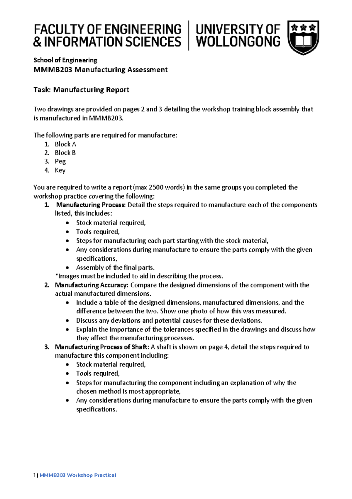 MMMB203 Manufacturing Report: Workshop Training Block Assembly - Studocu