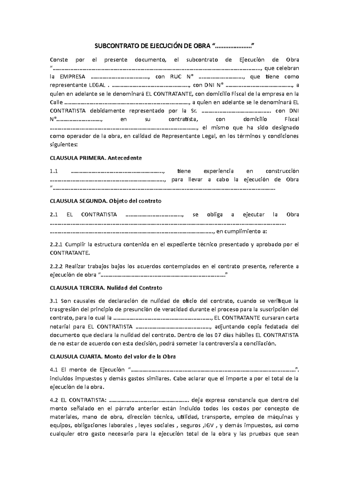 Subcontrato de Ejecución de Obra: Modelo y Cláusulas Esenciales - Studocu
