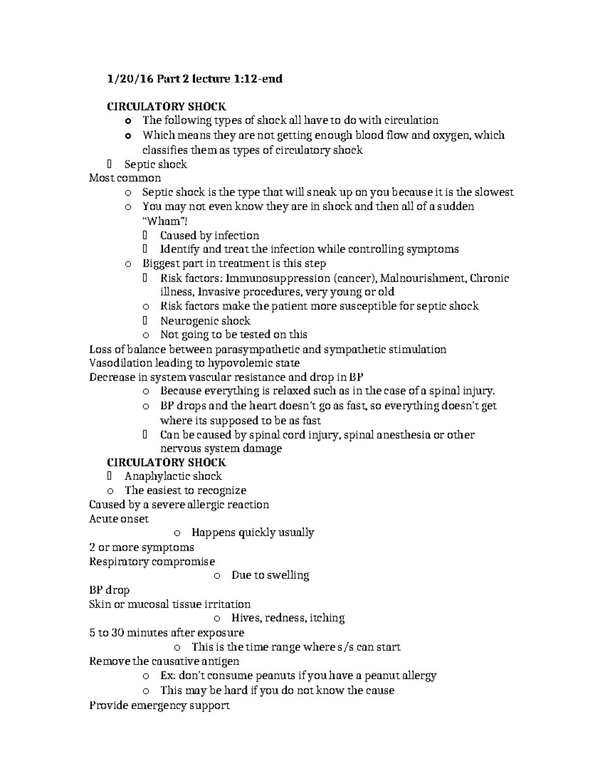 1-20-16 Lecture Notes on Circulatory Shock Management - Studocu