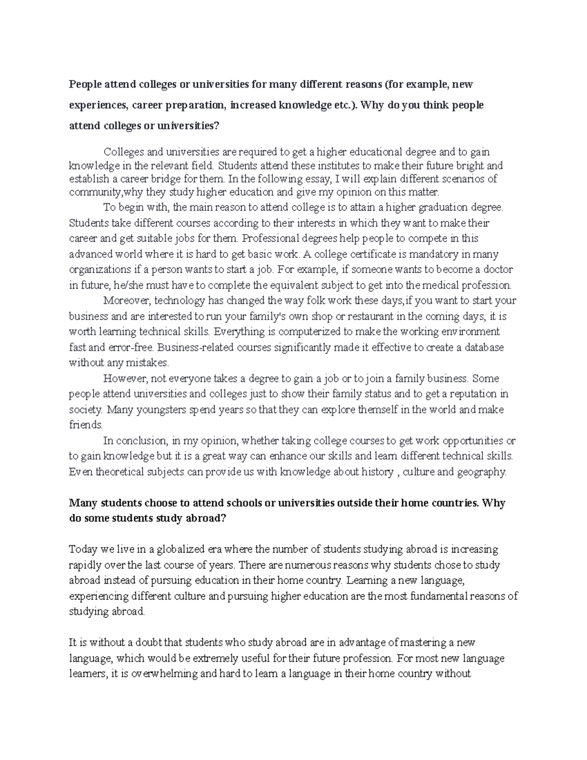 English Essay test - People attend colleges or universities for many ...