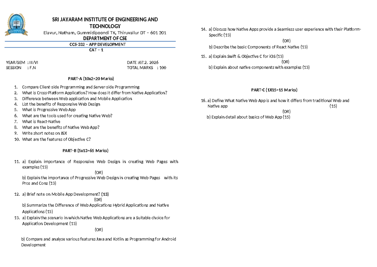 CAT1 Exam ccs332-1: App Development Question Paper Analysis - Studocu