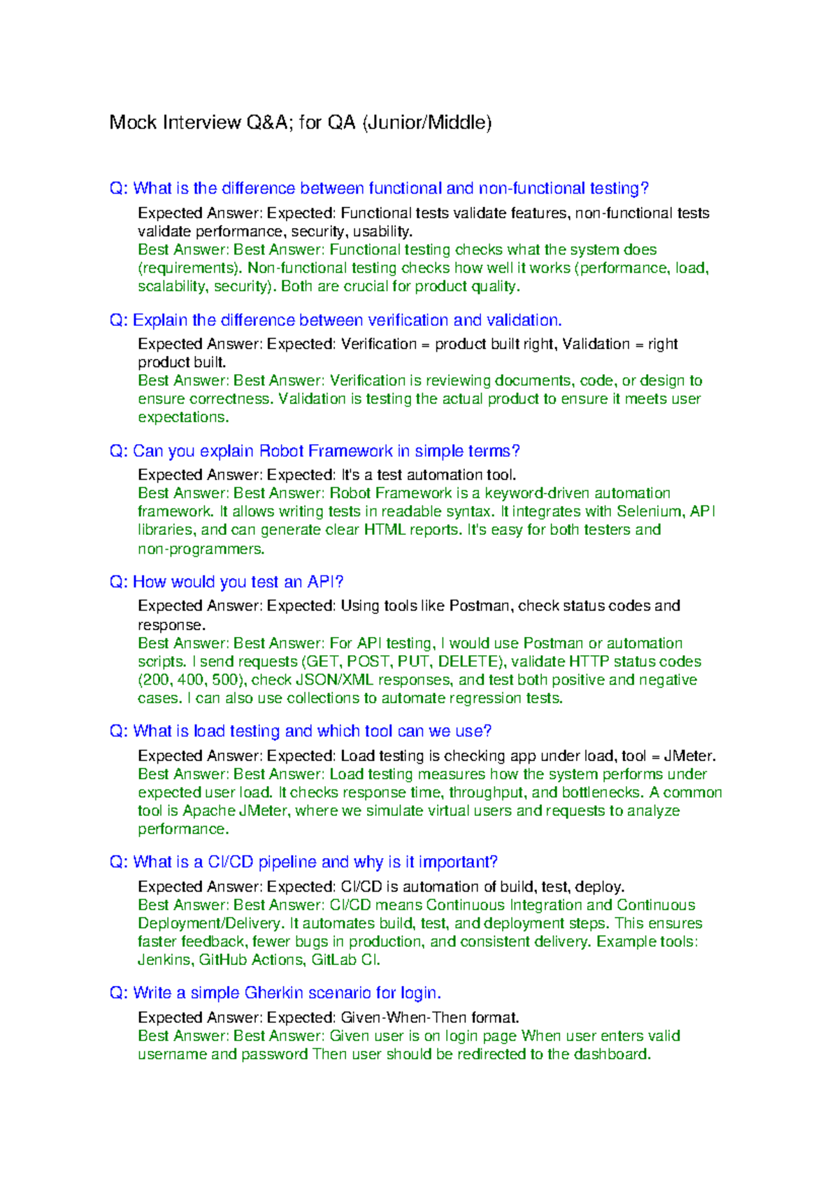 QA Mock Interview Questions and Answers for QA - Studocu