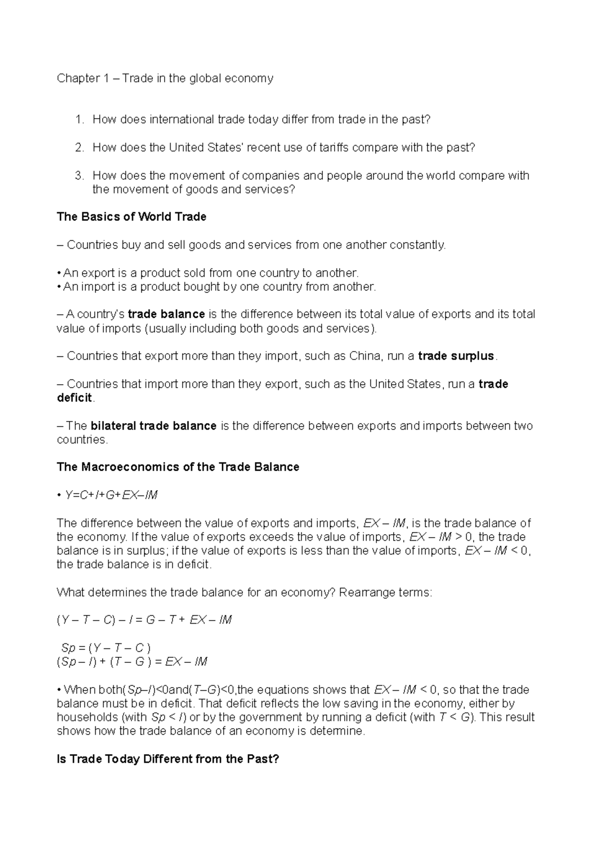 Chapter 1 - appunti - Chapter 1 – Trade in the global economy How does ...