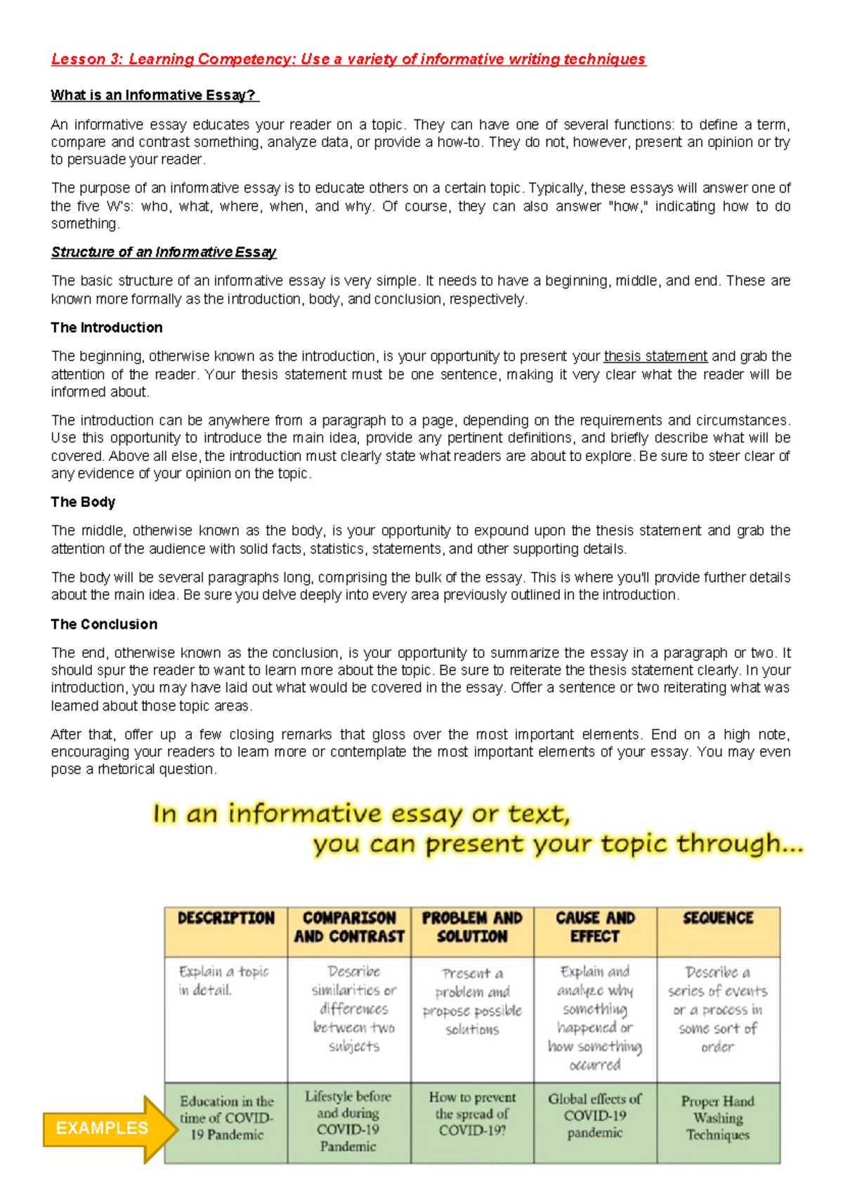 Lesson 3: Understanding Informative Essays and Their Structure - Studocu
