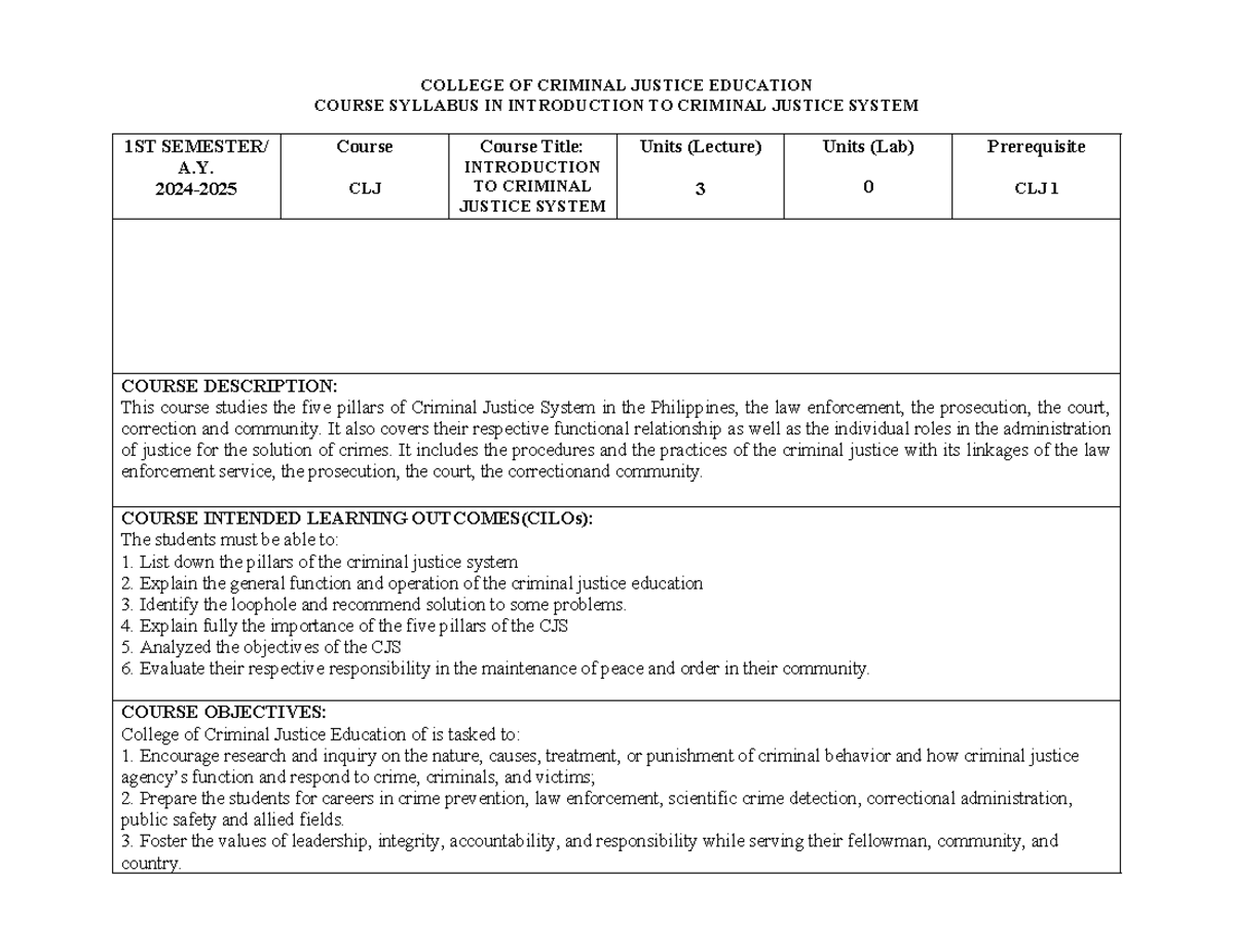 CJS 101: Syllabus for Introduction to Criminal Justice System - 1st Sem ...