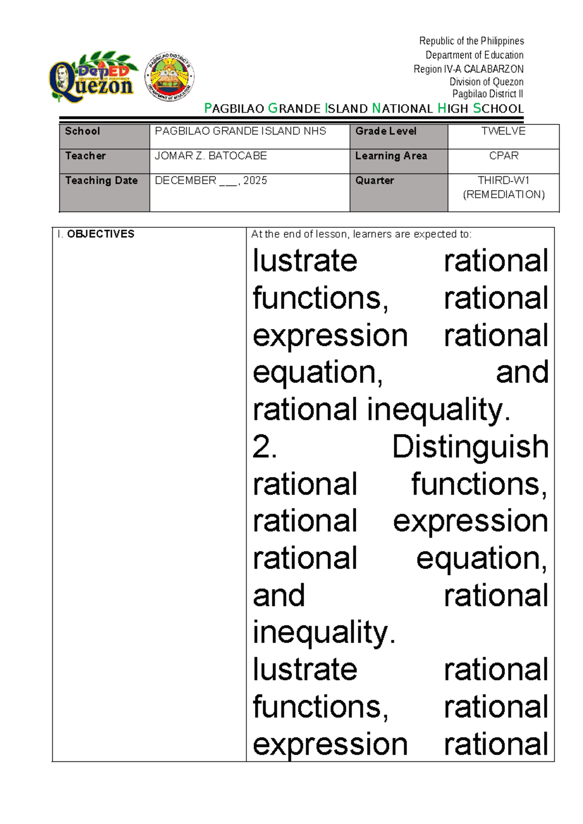 DLL-CO - Daily Lesson Plan for Grade 12: Rational Functions ...
