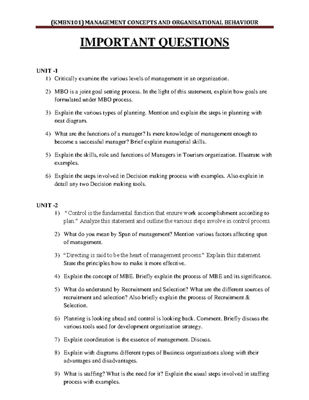 (KMBN101) Management Concepts & Organizational Behavior: Key Questions ...