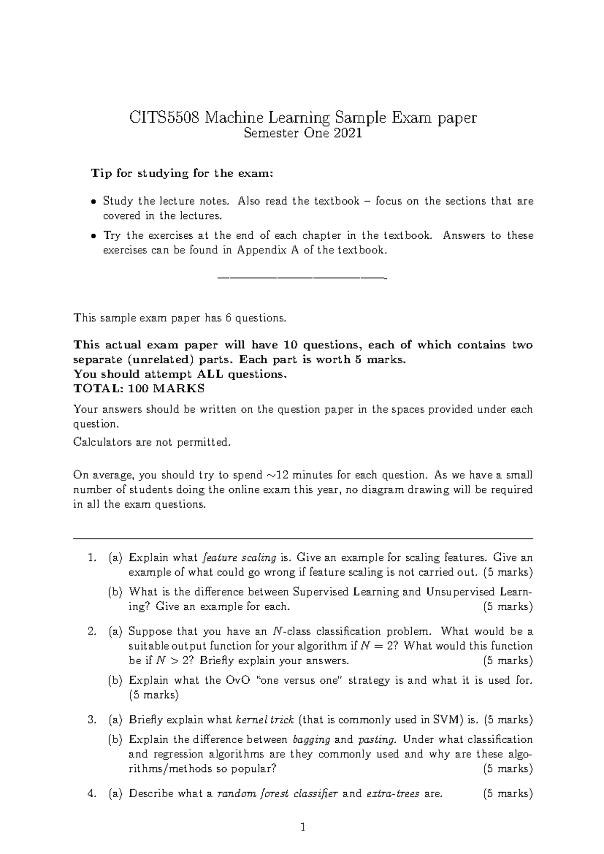CITS5508 Machine Learning Sample Exam Paper Semester 1 2021 - Studocu