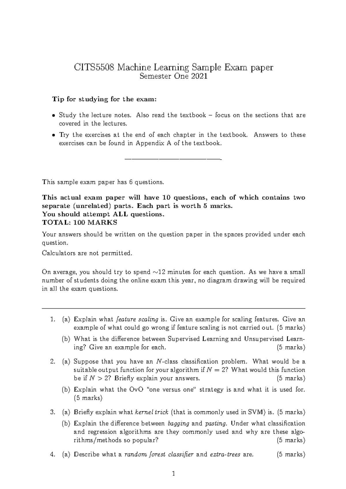 CITS5508 Semester 1 Sample Exam Solutions for Machine Learning 2025 ...