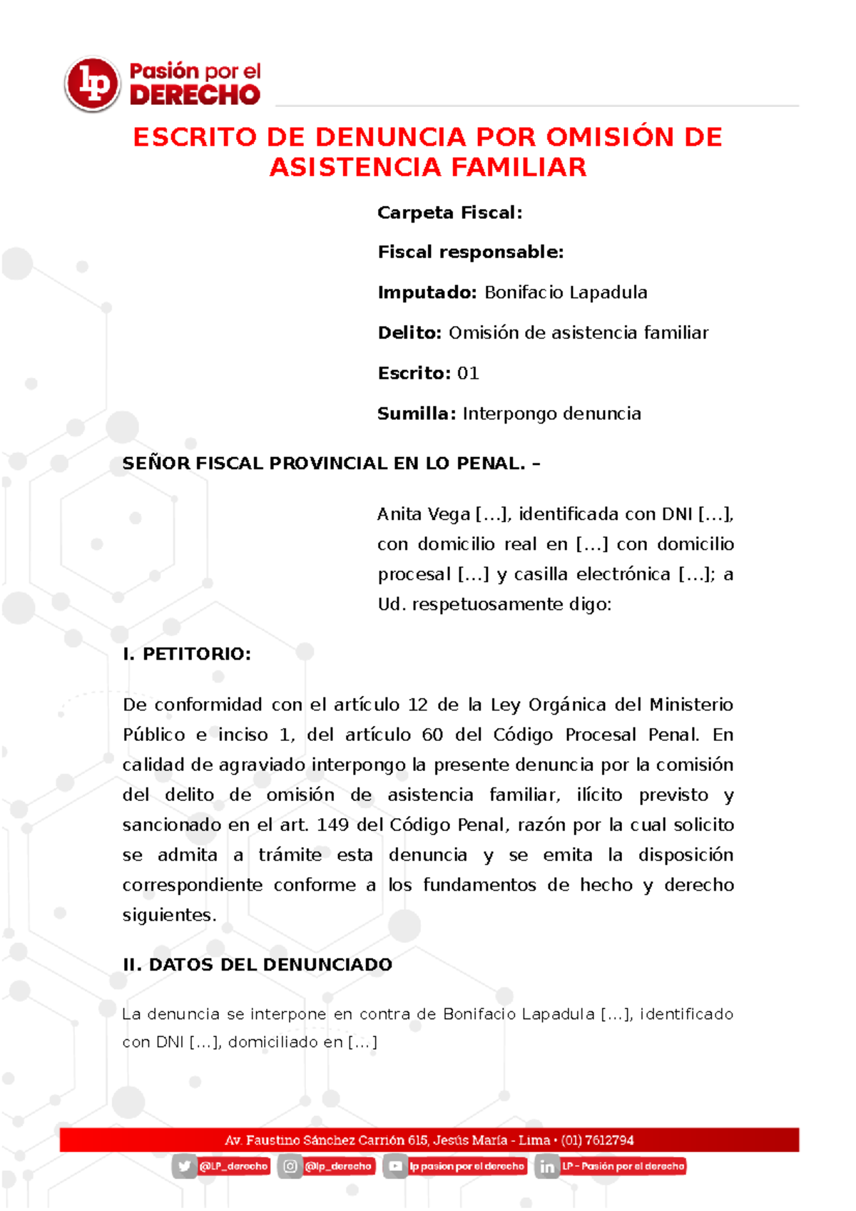 Denuncia por Omisión de Asistencia Familiar - Escrito OAF-LP - Document Preview
