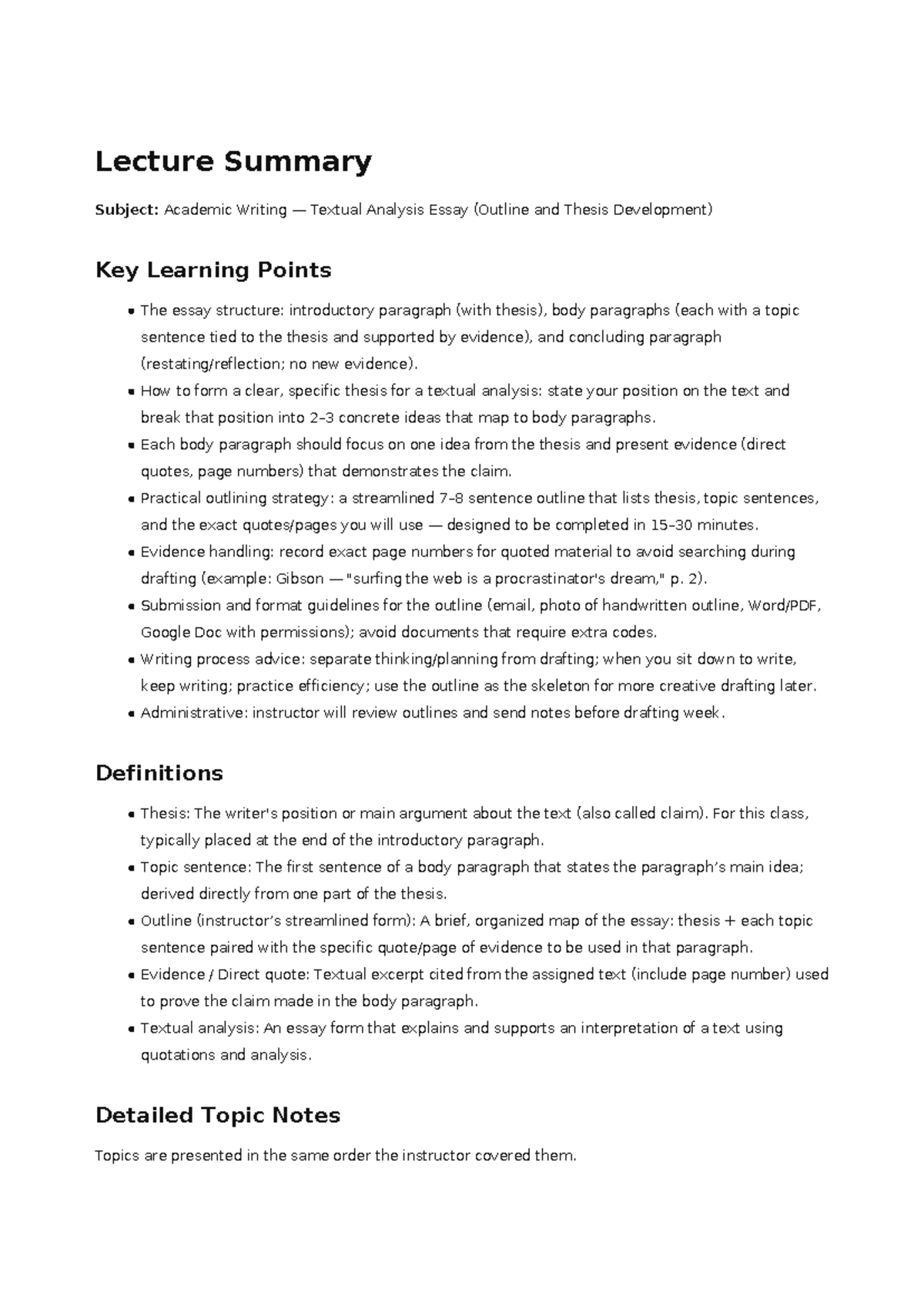 Lecture Summary: Academic Writing - Textual Analysis Essay - Studocu