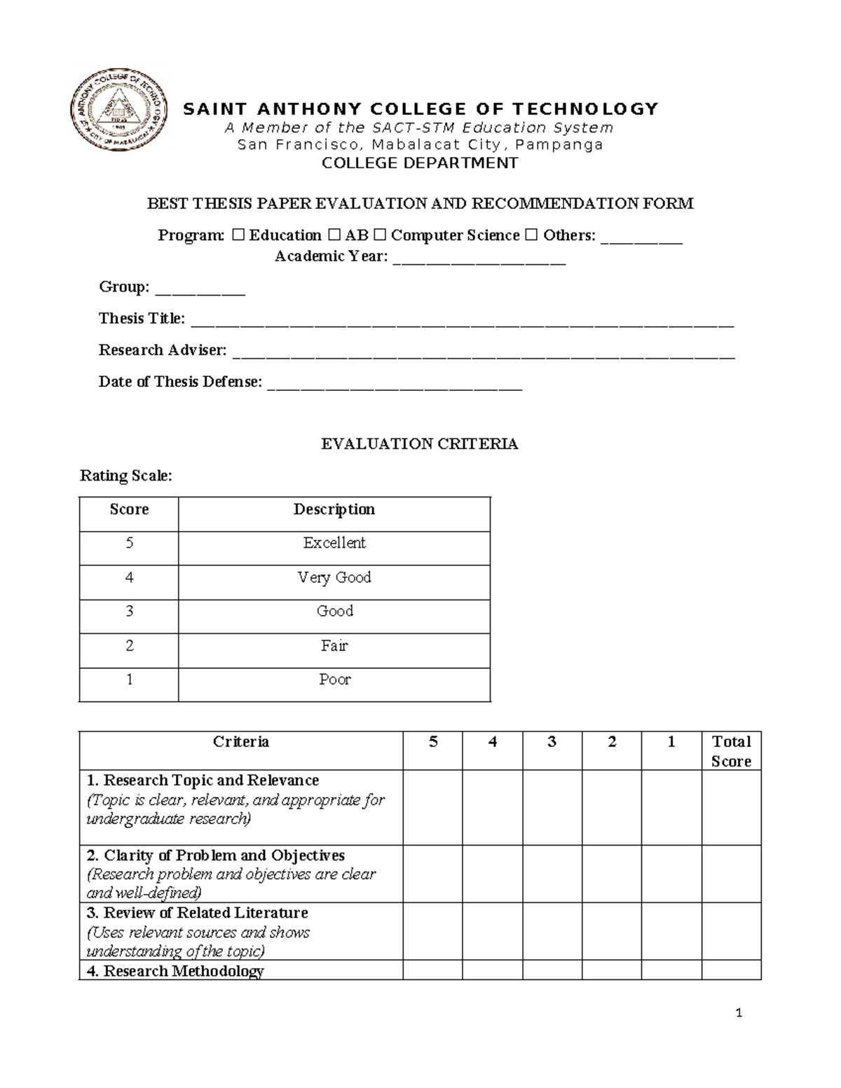 Best Thesis Paper Evaluation & Recommendation Form - AB Computer ...