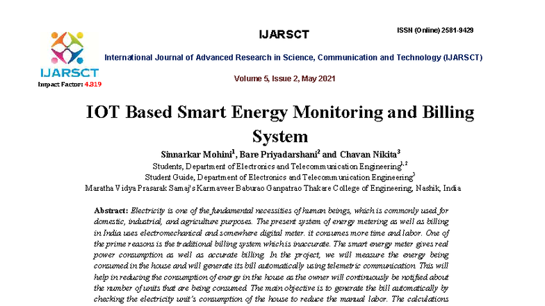 IOT Based Smart Energy Monitoring and Billing System - IJARSCT Paper ...