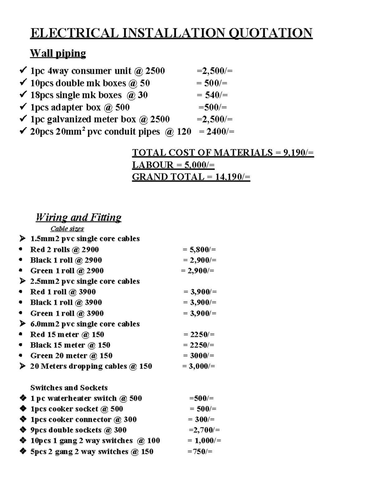 Electrical Installation Quotation 22: Detailed Cost Breakdown - Studocu
