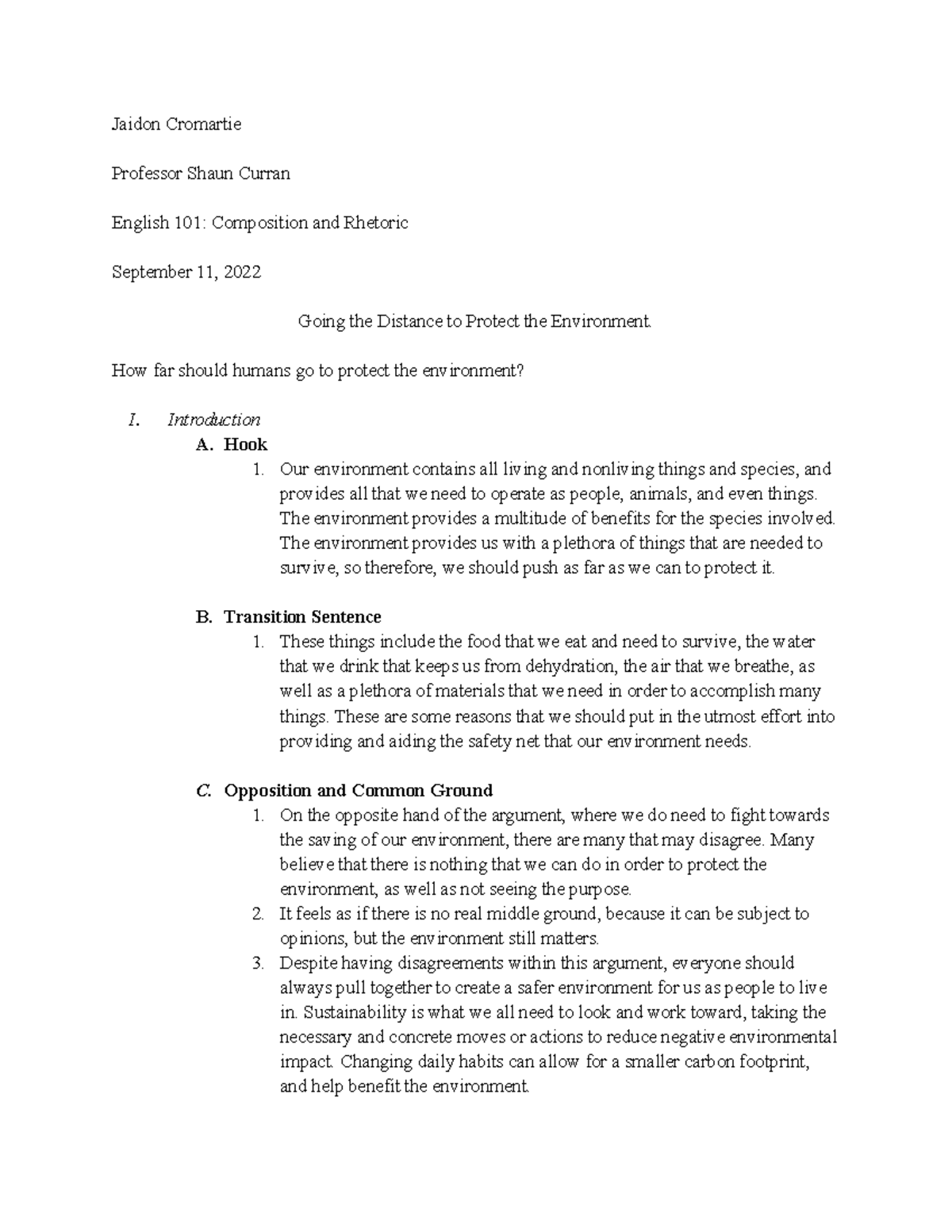 English 101: Ethical Rogerian Argument Thesis Outline on Environmental ...