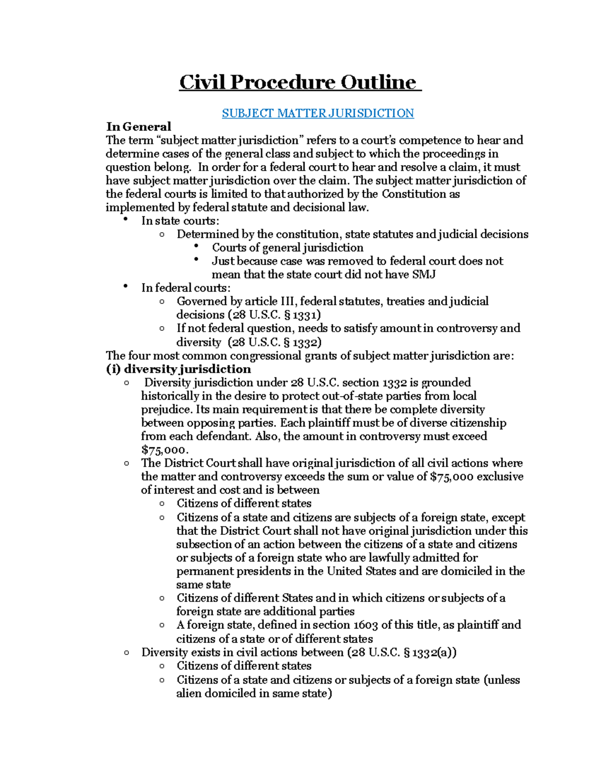CIV 101: Civil Procedure Outline on Subject Matter Jurisdiction - Studocu