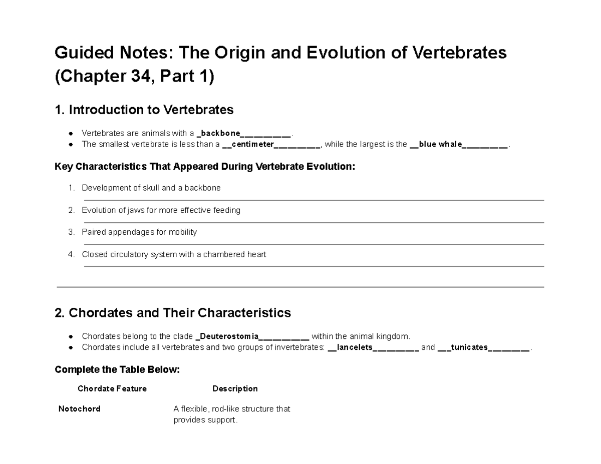 Guided Notes The Origin and Evolution of Vertebrates (Chapter 34, Part ...