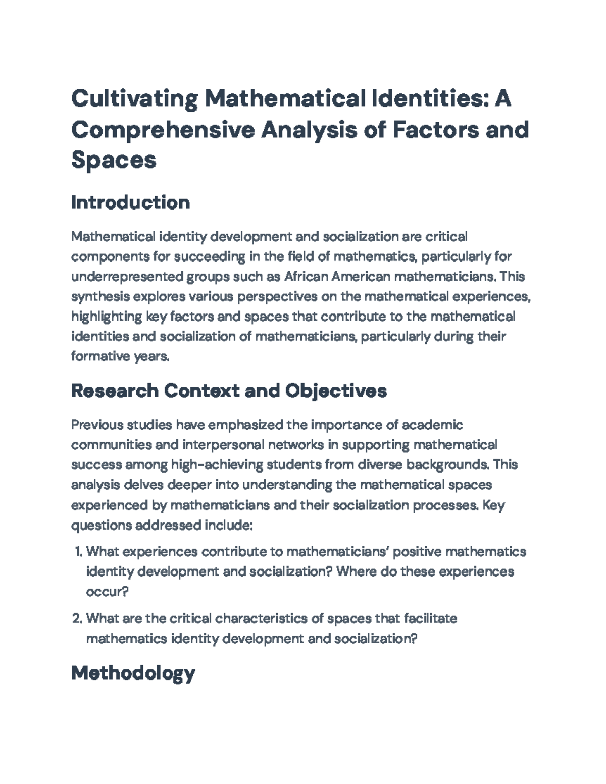 Cultivating Mathematical Identities: Analysis of Factors and Spaces ...