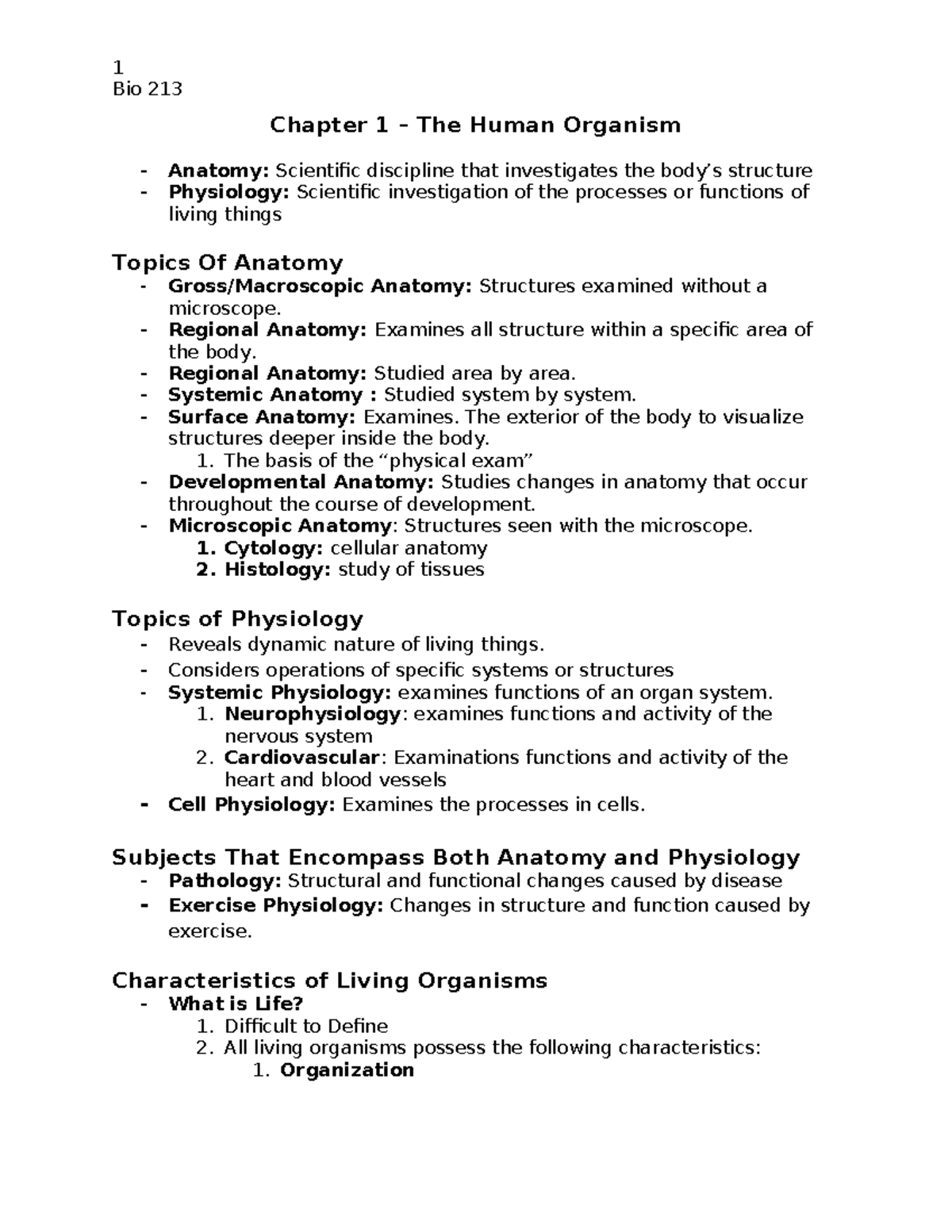 BIO 213 - Chapter 1 Lecture Notes on the Human Organism - Studocu
