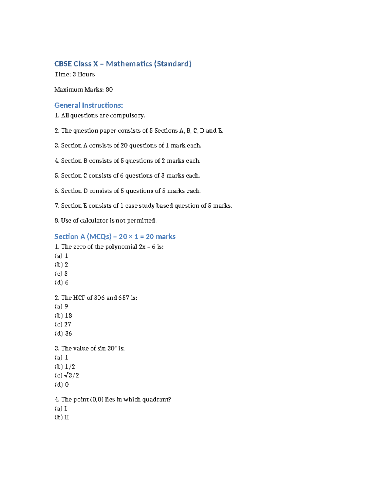 CBSE Class 10 Maths Std Model Paper: Board Pattern Exam - Studocu