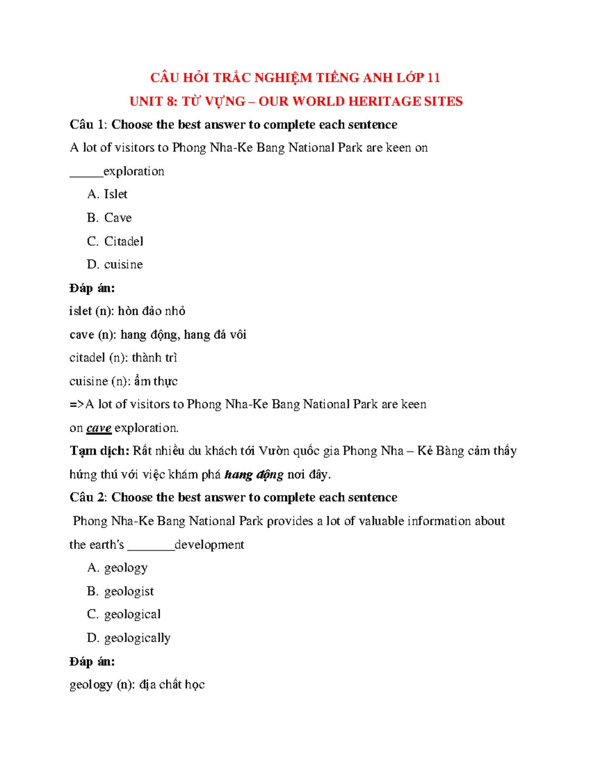 Trắc Nghiệm Tiếng Anh 11 Mới Unit 8: Our World Heritage Sites 2023 ...