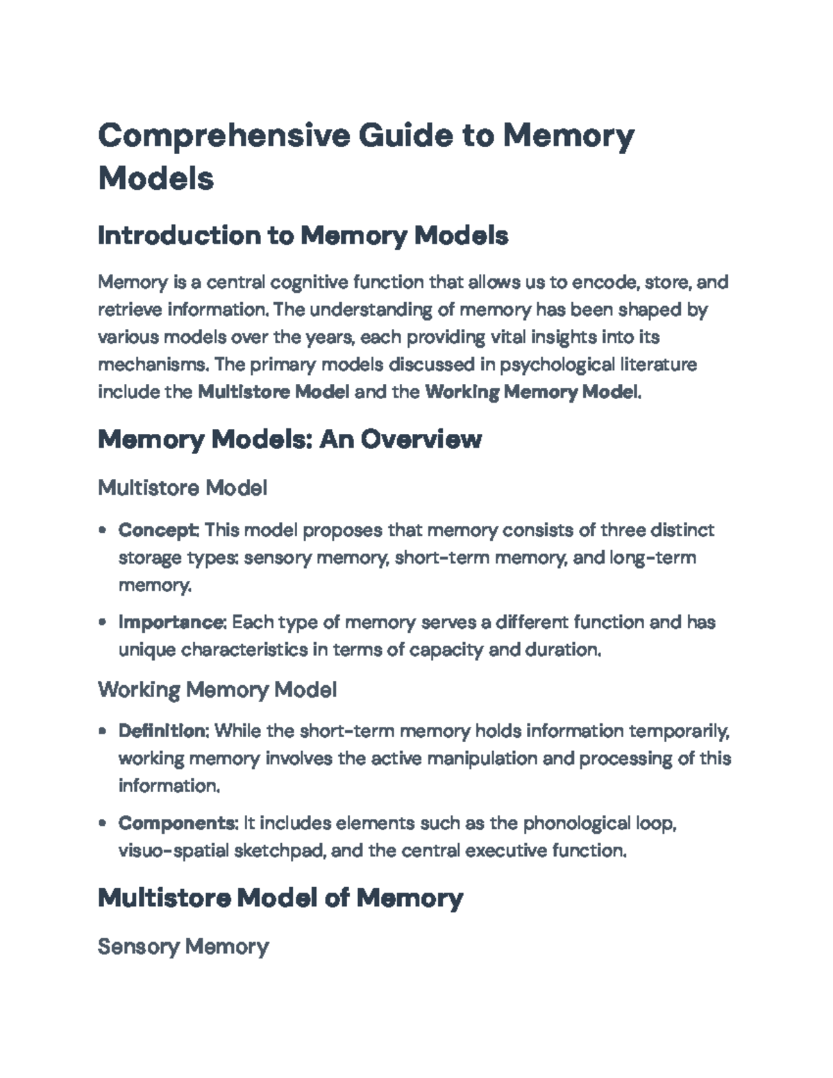 Comprehensive Guide to Memory Models: Multistore & Working Memory ...