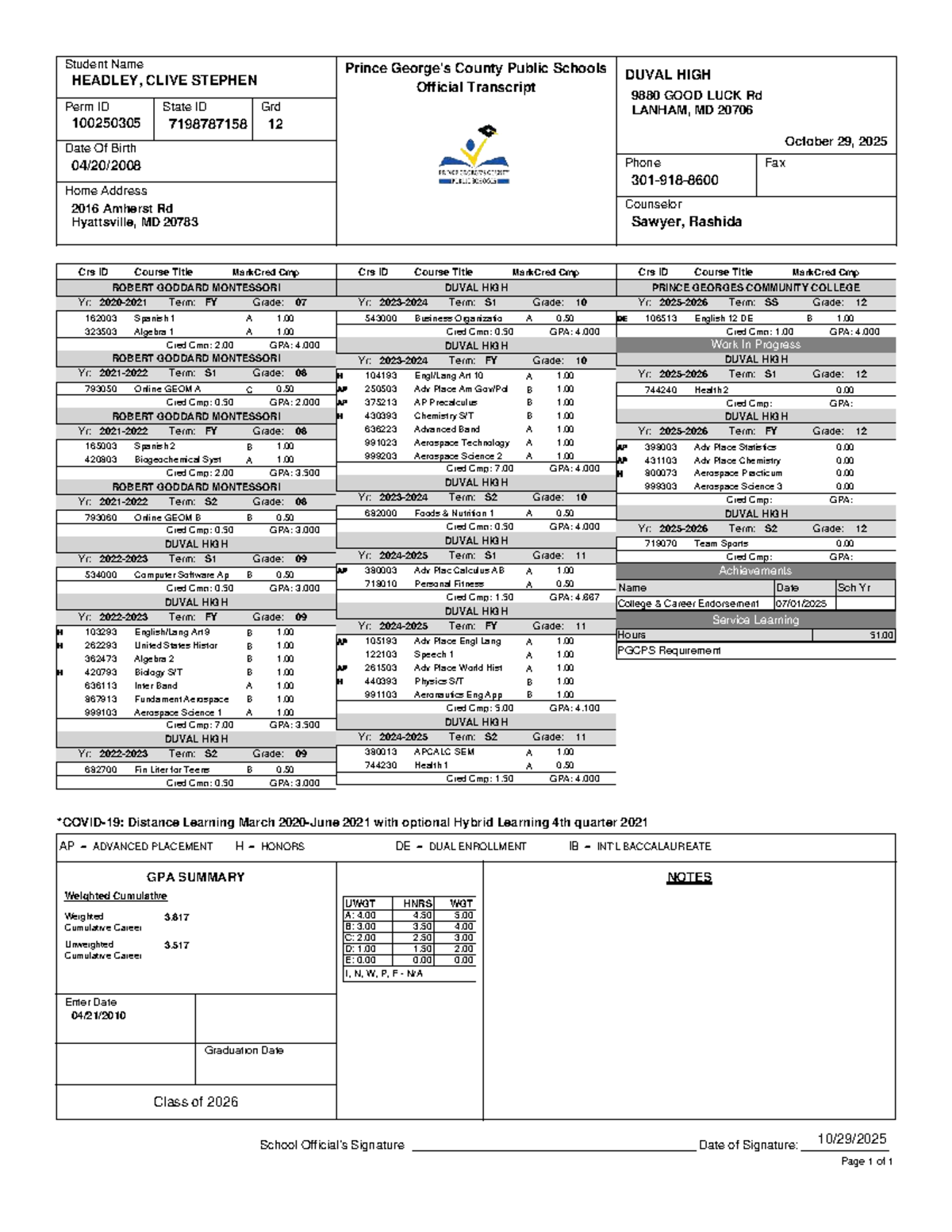 Official Transcript for Clive Stephen Headley - Prince George's County ...