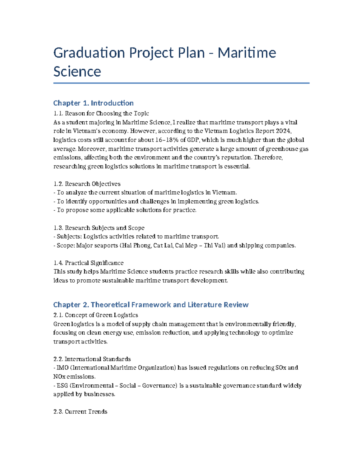 Graduation Project Plan: Green Logistics in Maritime Science - Studocu