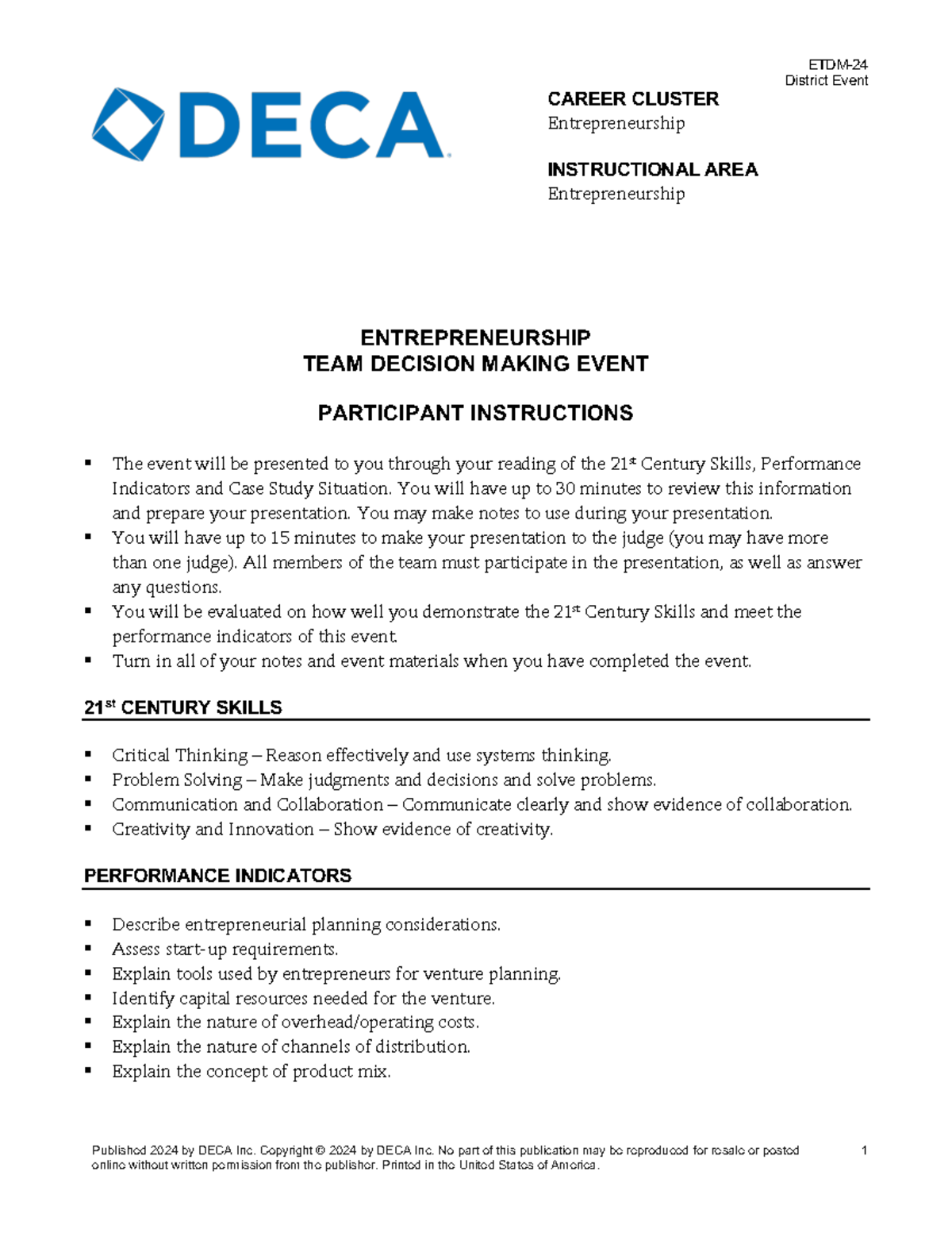 DECA 2024 District Entrepreneurship Team Decision Making Event - Studocu