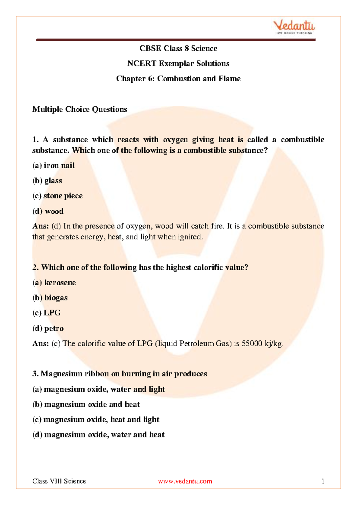 Ncert Exemplar Class 8 Science Solutions: Chapter 6 - Combustion ...