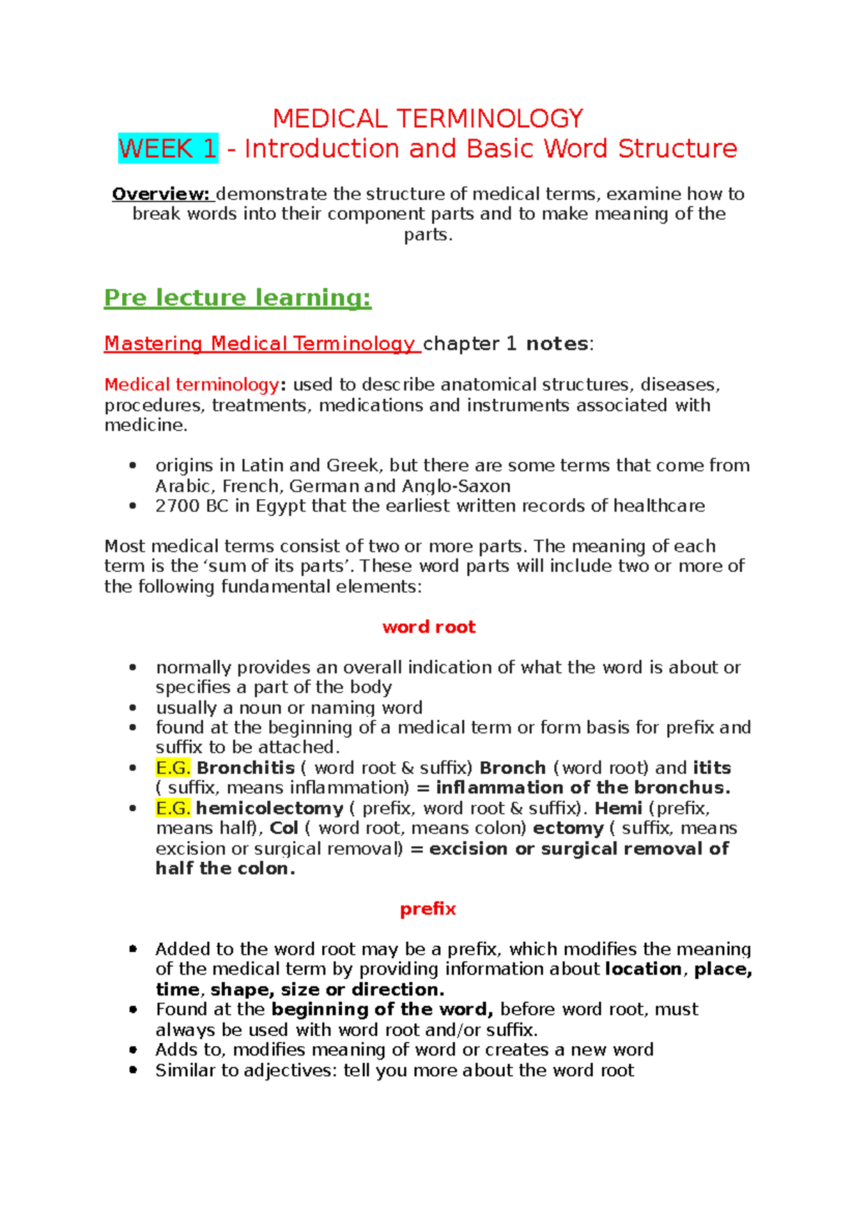 MEDICAL TERMINOLOGY 101: WEEK 1 Intro & Word Structure Overview - Studocu