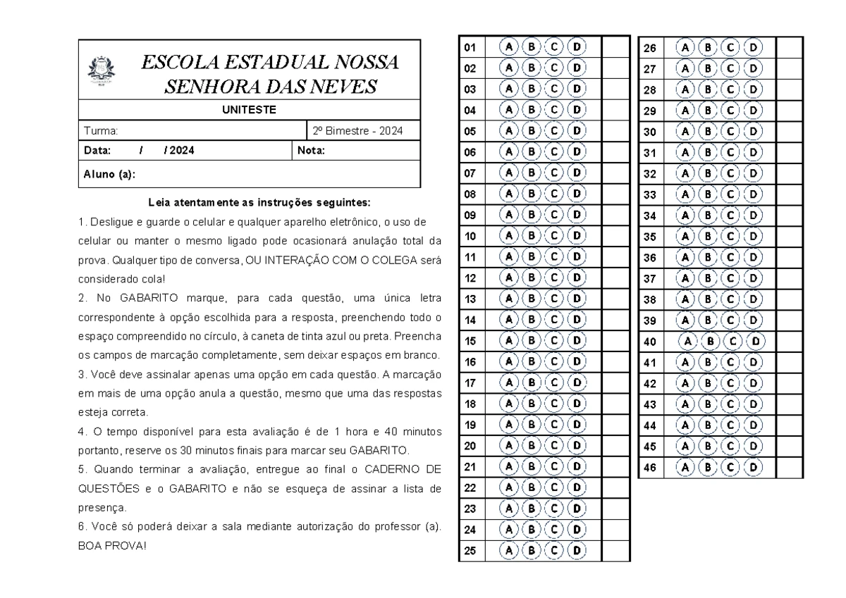 Gabarito - Uniteste 2 - Anotações. - Leia atentamente as instruções ...