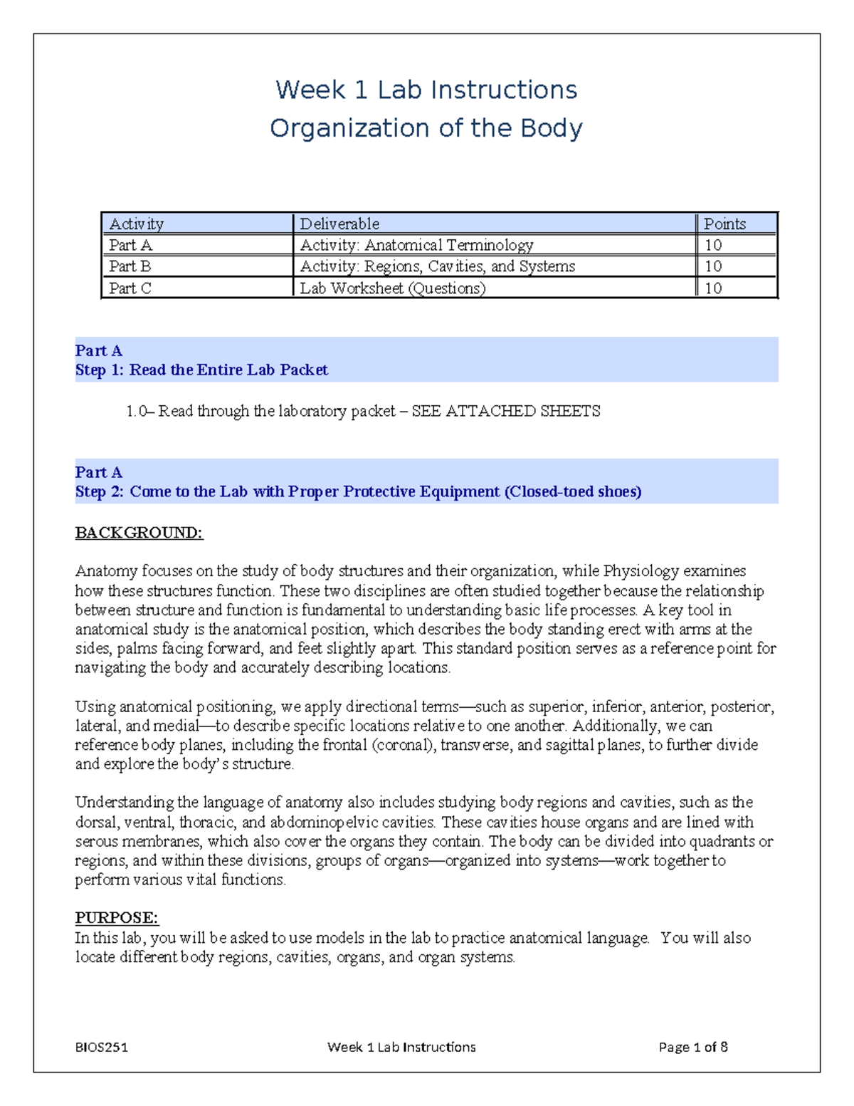 BIOS251 Week 1 Lab Instructions: Organization of the Body Activities ...