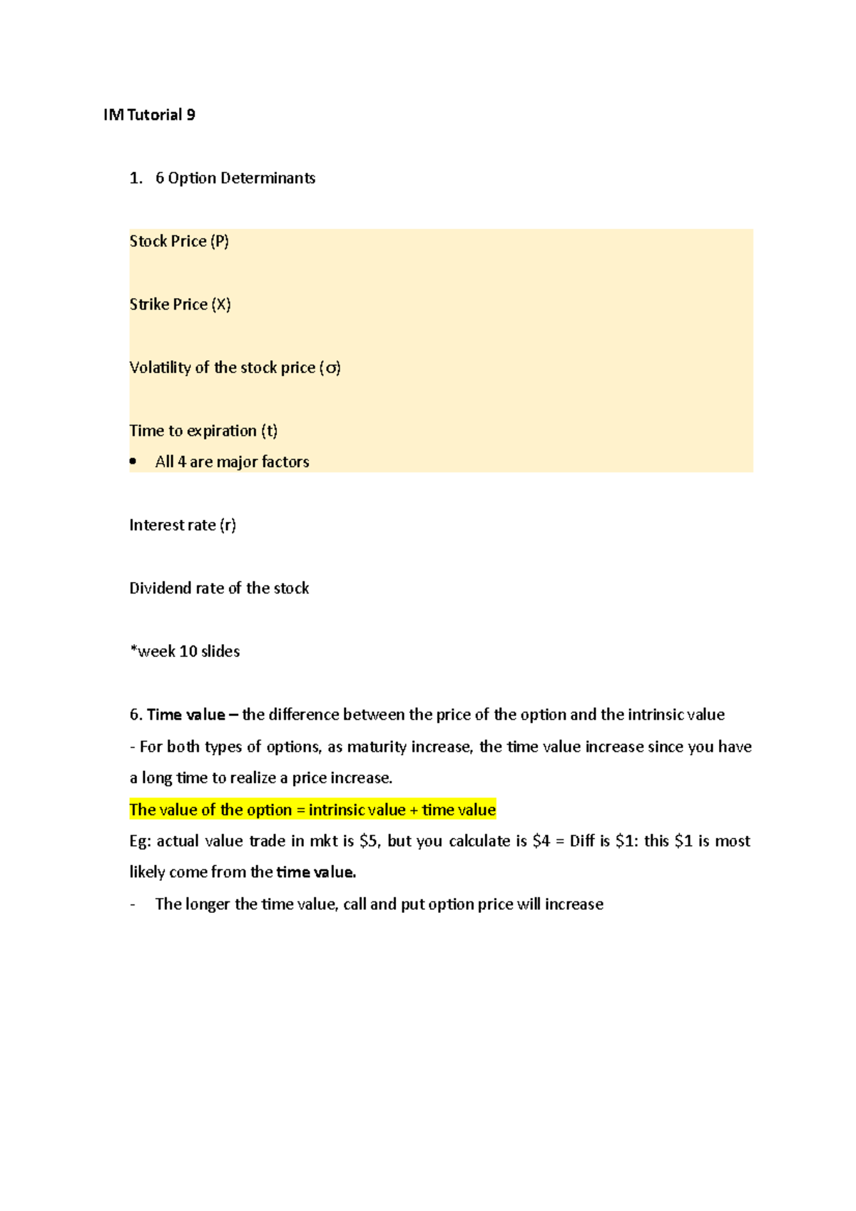 IM Tutorial 9: Key Concepts in Option Pricing and Determinants - Studocu
