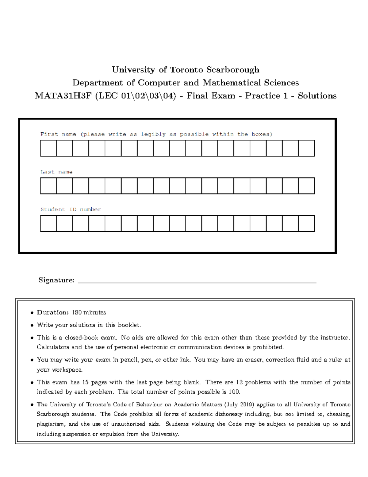 MATA31 F24 Exam Practice 1 Solutions - University of Toronto ...