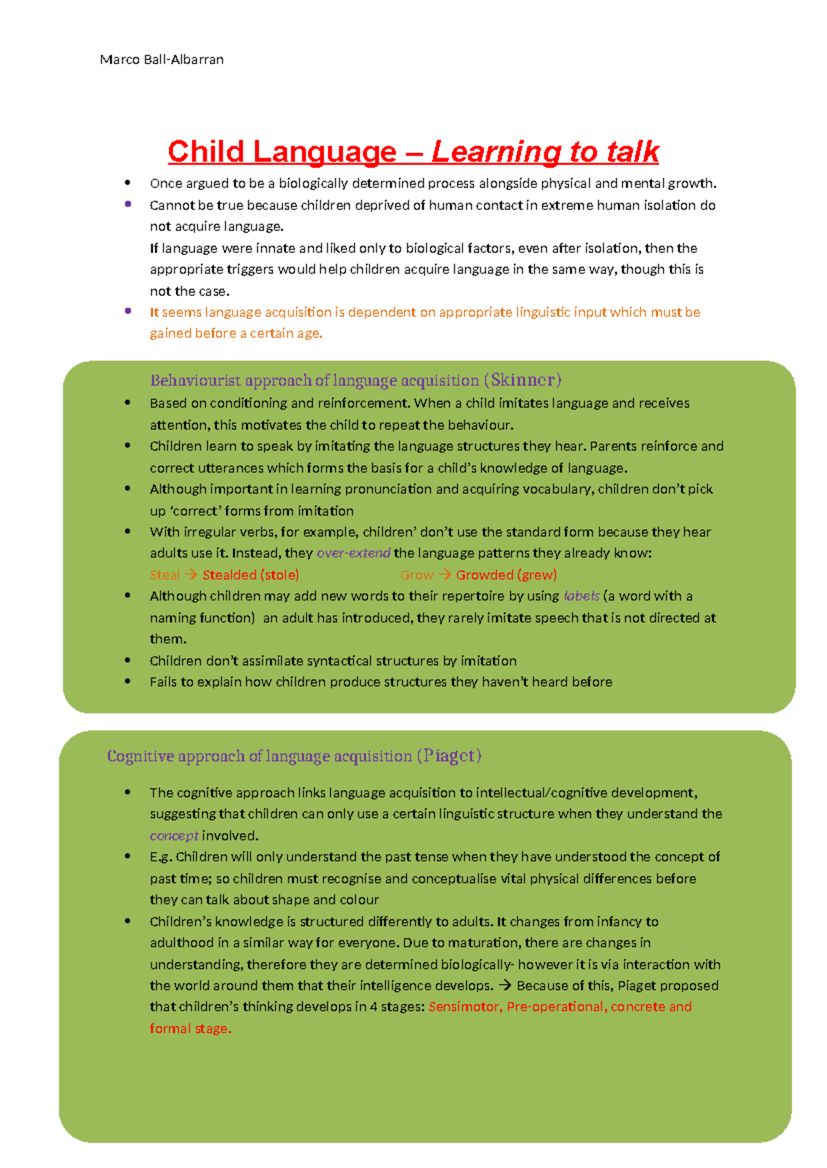 Child Language Acquisition Revision Notes - Insights & Theories 15 ...