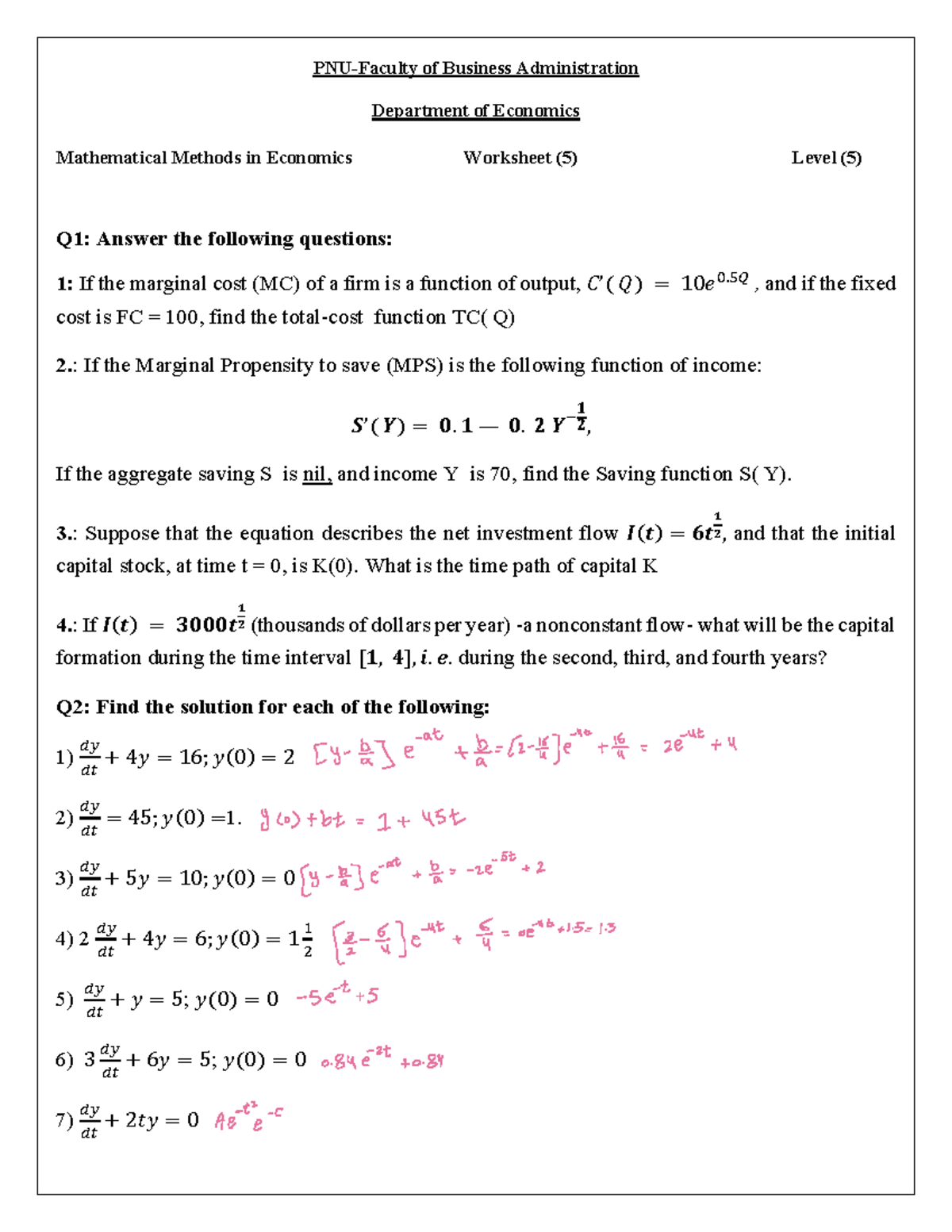 Mathematical Methods in Economics Worksheet 5 - Business Admin (Level 5 ...
