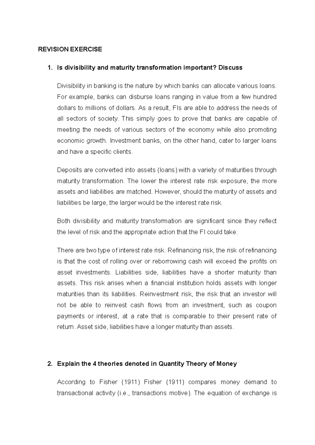 FIM Revision Questions - Financial Institutions Overview and Theories ...
