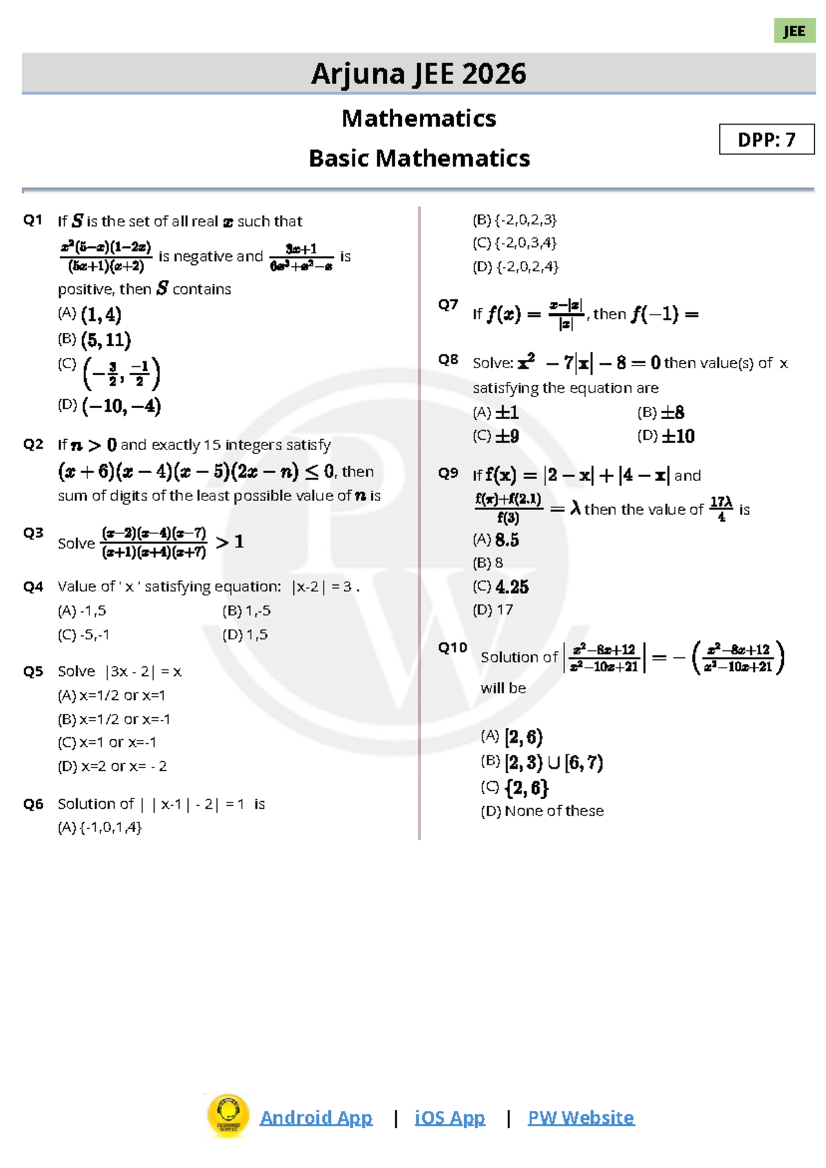 JEE 2026 Mathematics DPP: Basic Maths Practice Questions - Studocu