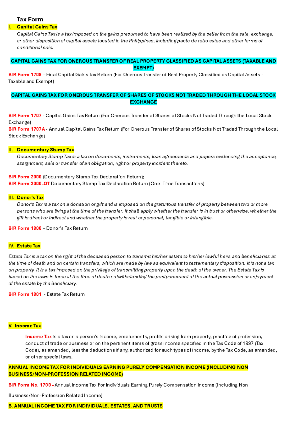 Tax Forms Overview: Capital Gains, Estate, Income, and More - Studocu
