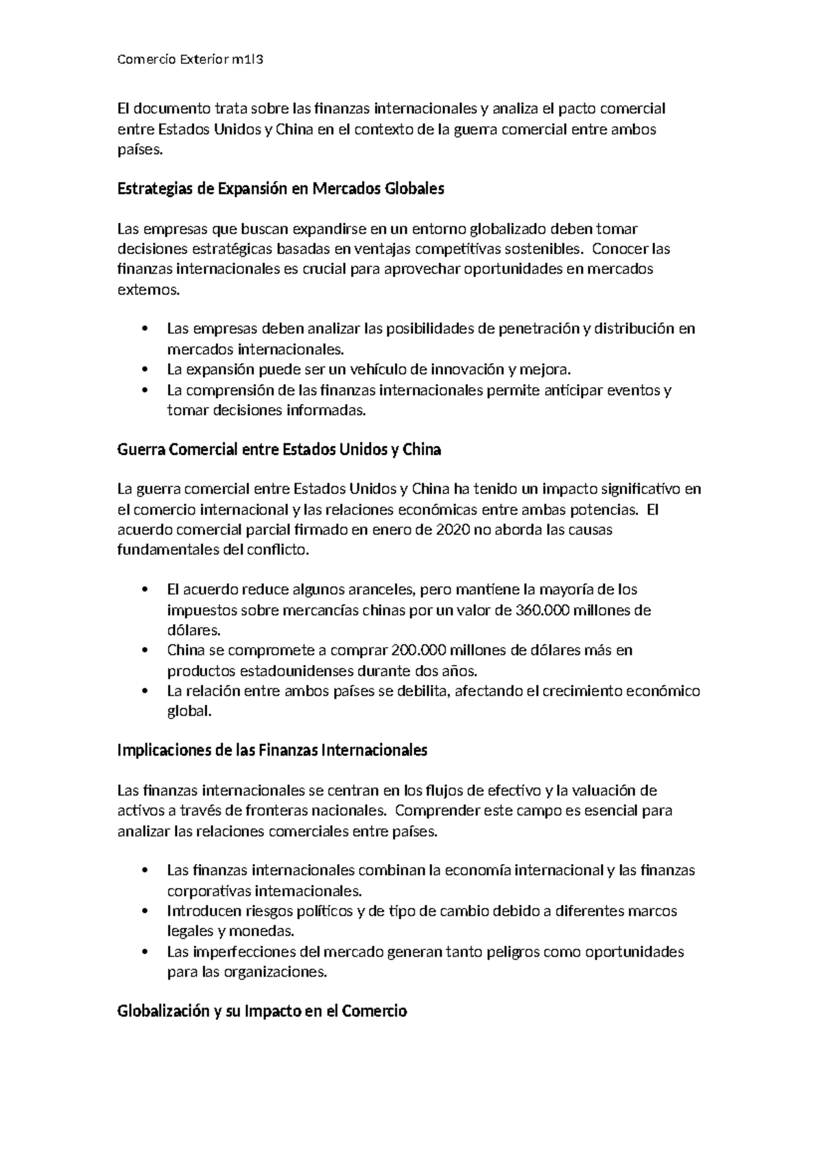 Resumen de Comercio Exterior m1l3: Finanzas Internacionales y Guerra ...
