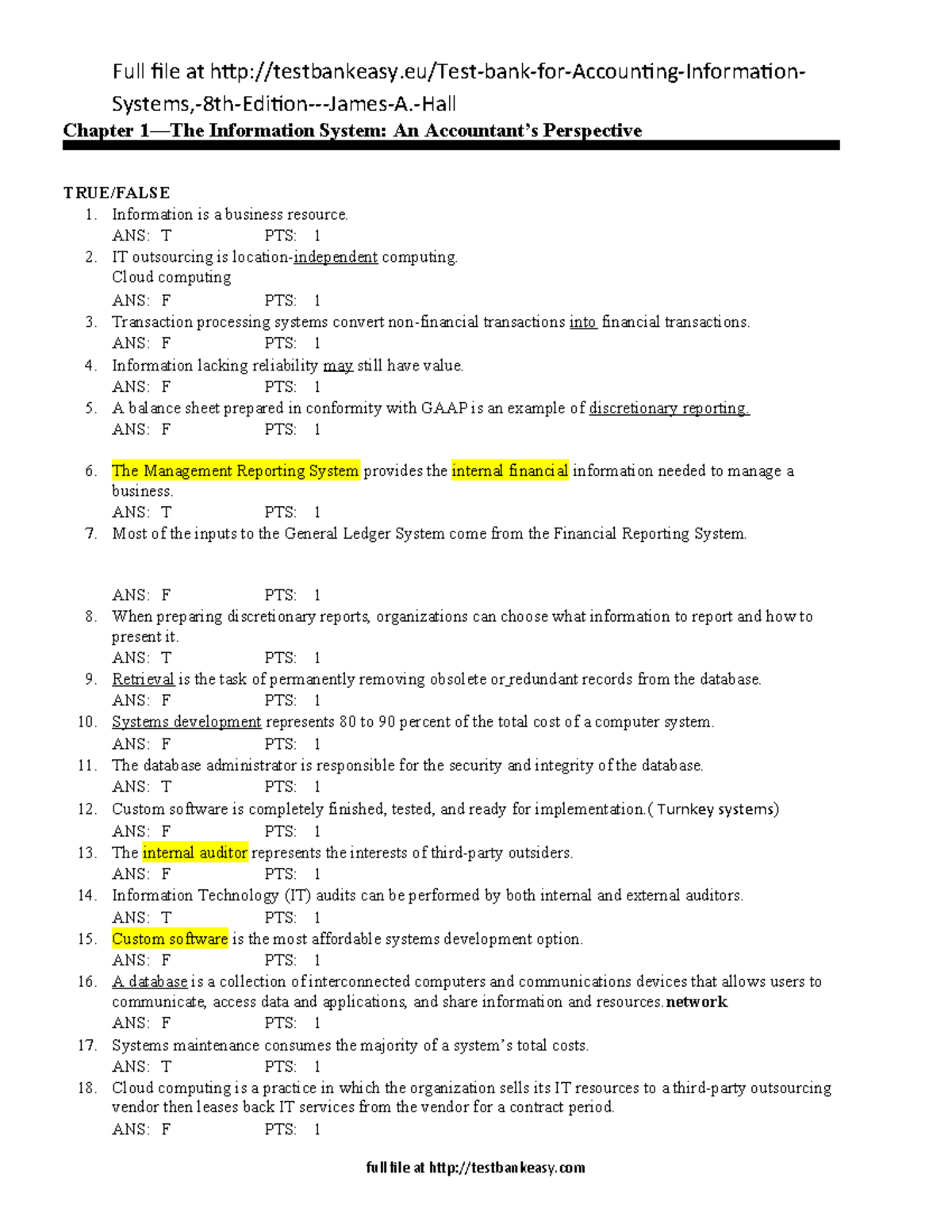 Chapter 1 Test Bank for AIS - 8th Edition: True/False & MCQs - Document Preview