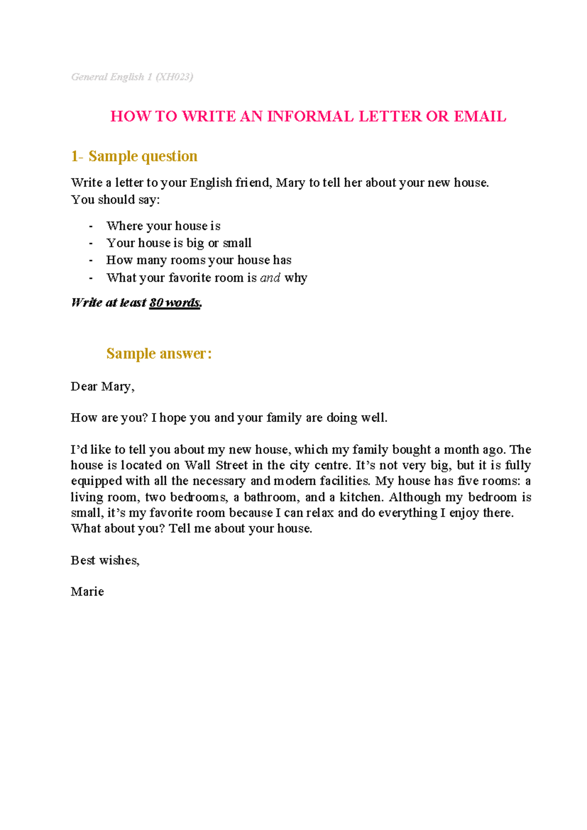 General English 1 (XH023) Informal Letter Writing Guide - Studocu