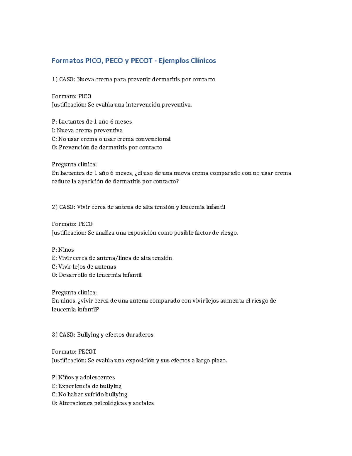 Formatos PICO, PECO y PECOT: Ejemplos Clínicos y Análisis - Studocu