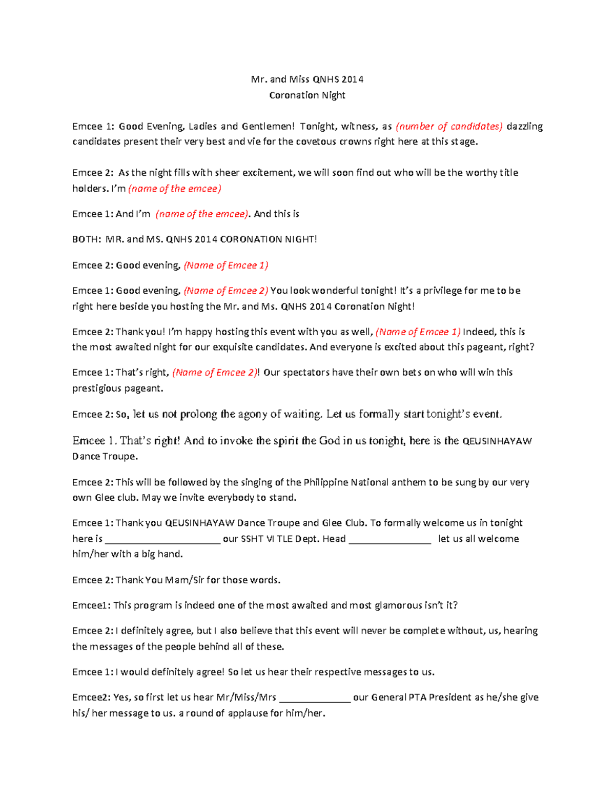 Emcee Script for Mr. and Miss QNHS 2014 Coronation Night - Studocu
