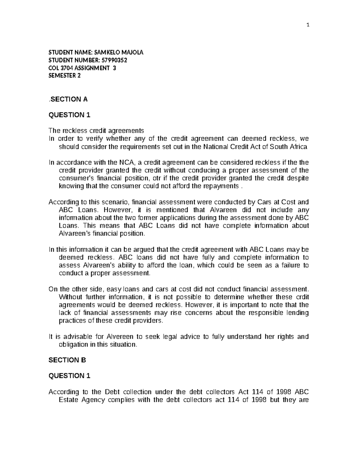 COL 3704 Assignment 3: Analysis of Credit Agreements and Debt ...