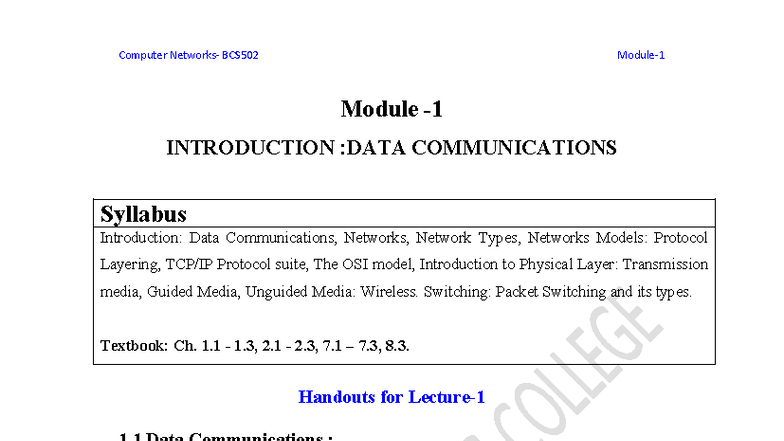 BCS502 - Module 1: Introduction to Data Communications Notes - Studocu