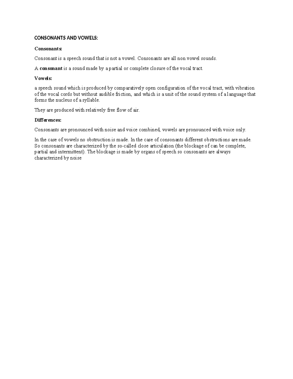 CONSONANTS AND VOWELS: Key Notes on Speech Sounds - Studocu