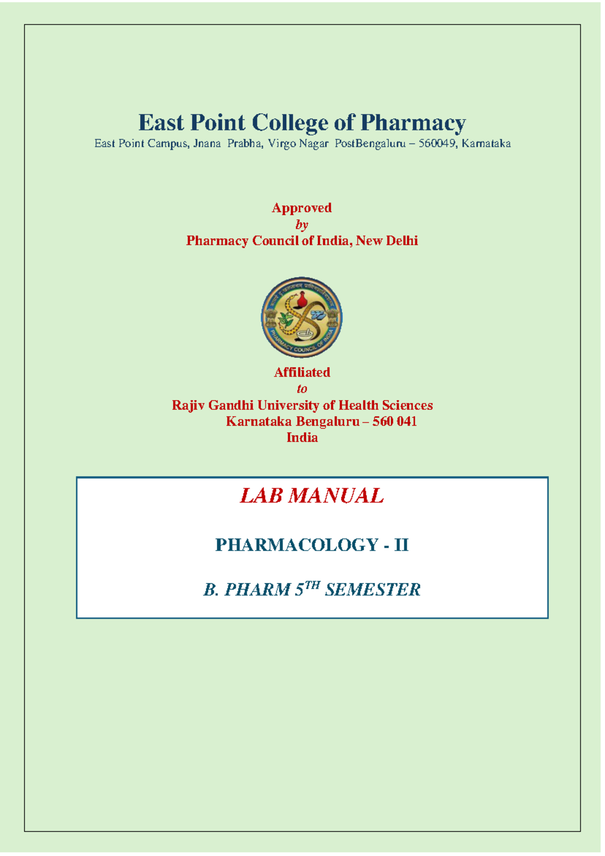 LAB MANUAL PHARMACOLOGY II (B. PHARM 5TH SEM) - PRACTICAL FILE - Studocu