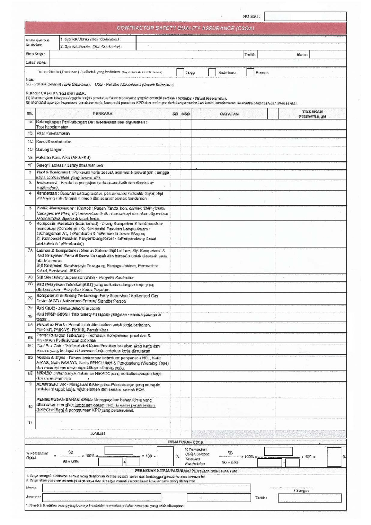 CSQA - TNB Contractor Safety Quality Assurance Checklist - Studocu
